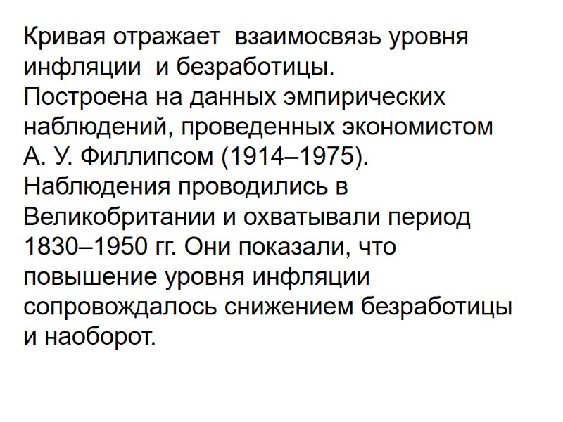 Кривая отражает  взаимосвязь уровня инфляции  и безработицы.  Построена на данных эмпирических